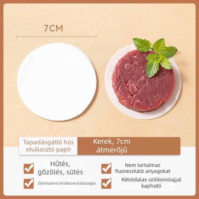 Marhahús pogácsa sütőpapír, élelmiszer-minőségű, szilikonolaj bevonattal, tapadásmentes, fagyasztóbarát, hamburger párolópapír