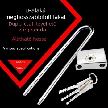 Rozsdamentes acélból készült U-alakú lakat hosszított zárókarral, üvegajtókhoz, vízálló és lopás elleni védelem