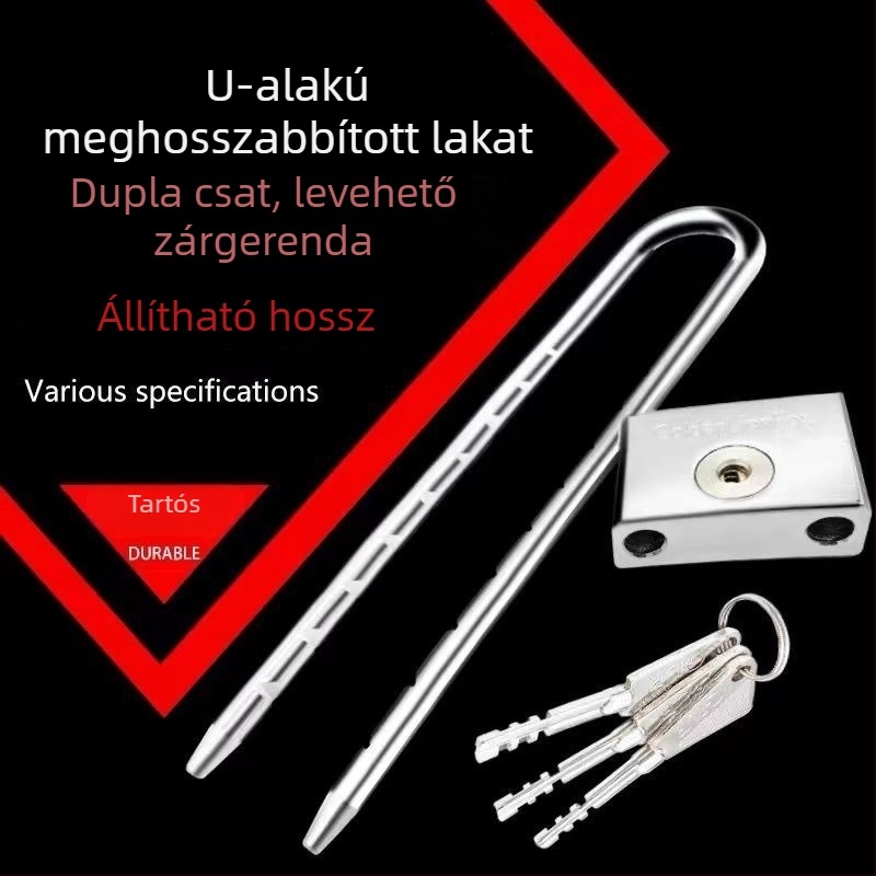 Rozsdamentes acélból készült U-alakú lakat hosszított zárókarral, üvegajtókhoz, vízálló és lopás elleni védelem