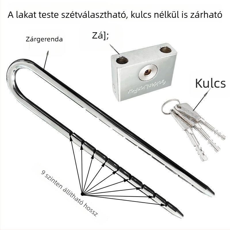 Rozsdamentes acélból készült U-alakú lakat hosszított zárókarral, üvegajtókhoz, vízálló és lopás elleni védelem