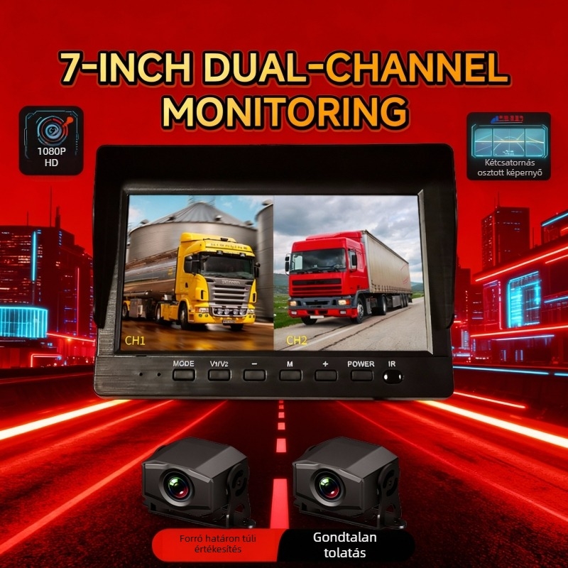 Kamion dash cam integrált hátsó kamerával, négycsatornás megfigyelés, 1080p éjjellátás, 12V/24V, 10 hüvelykes kijelző