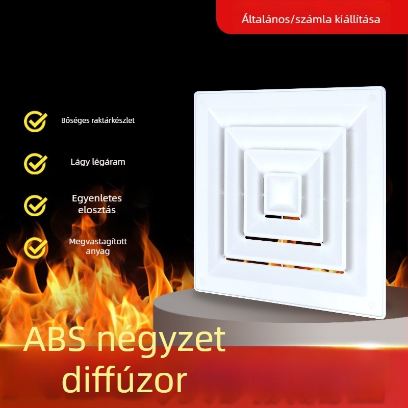ABS diffúzor központi légkondicionáláshoz, vastagított hátsó kialakítású levegőkiárat, négyszögletes mennyezeti lamellás kimenet, kondenzáció elleni