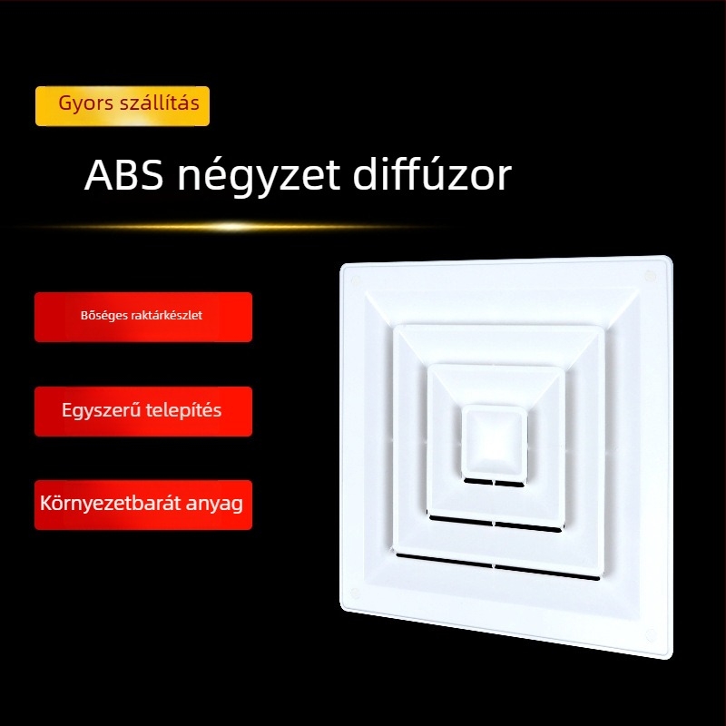 ABS diffúzor központi légkondicionáláshoz, vastagított hátsó kialakítású levegőkiárat, négyszögletes mennyezeti lamellás kimenet, kondenzáció elleni