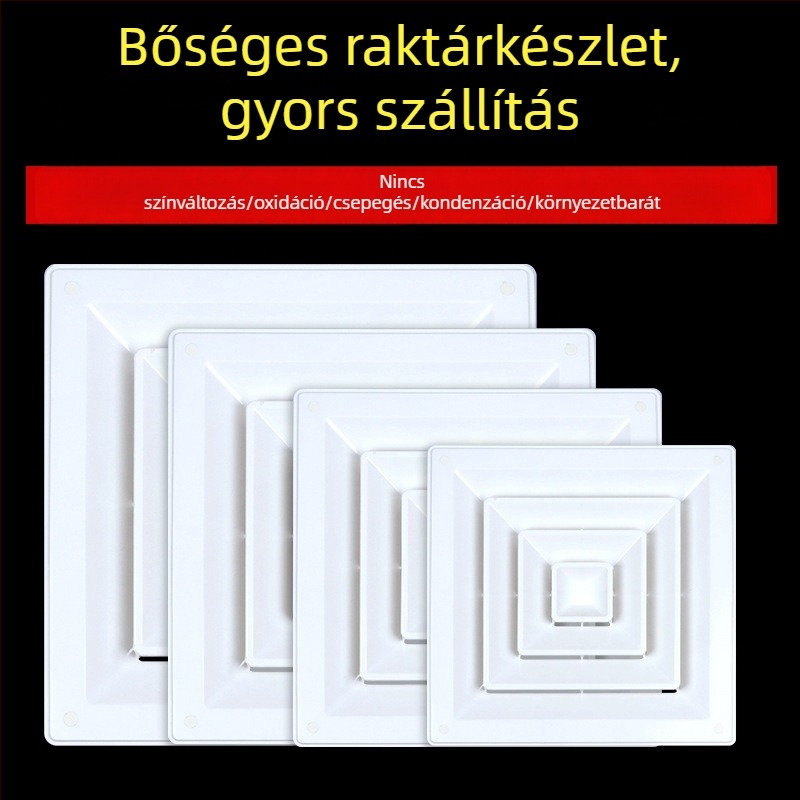 ABS diffúzor központi légkondicionáláshoz, vastagított hátsó kialakítású levegőkiárat, négyszögletes mennyezeti lamellás kimenet, kondenzáció elleni