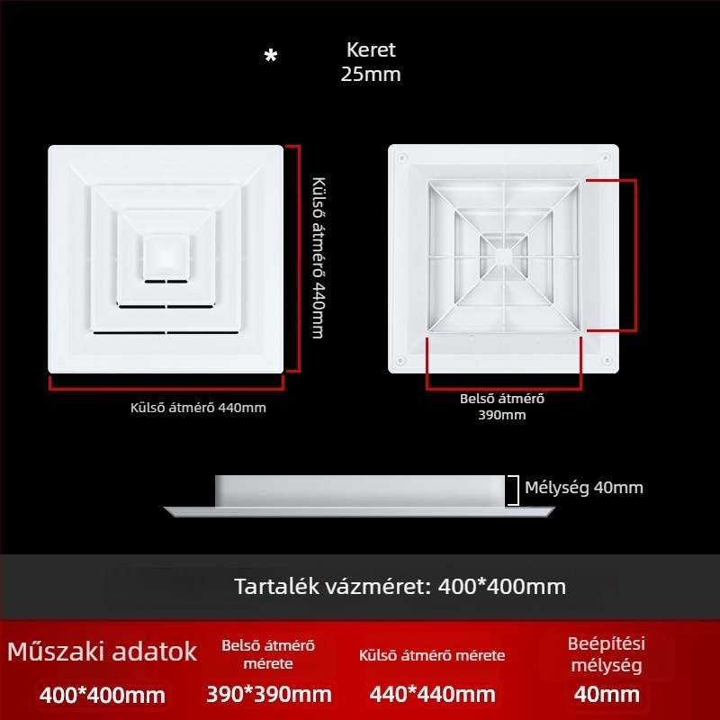 ABS diffúzor központi légkondicionáláshoz, vastagított hátsó kialakítású levegőkiárat, négyszögletes mennyezeti lamellás kimenet, kondenzáció elleni