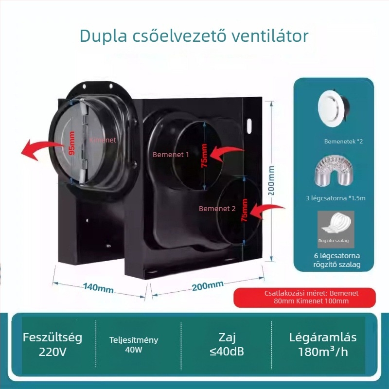 1–2 kiáramló ventilátor, hotel-specifikus, halk fürdőszobai osztott csatornás ventilátor