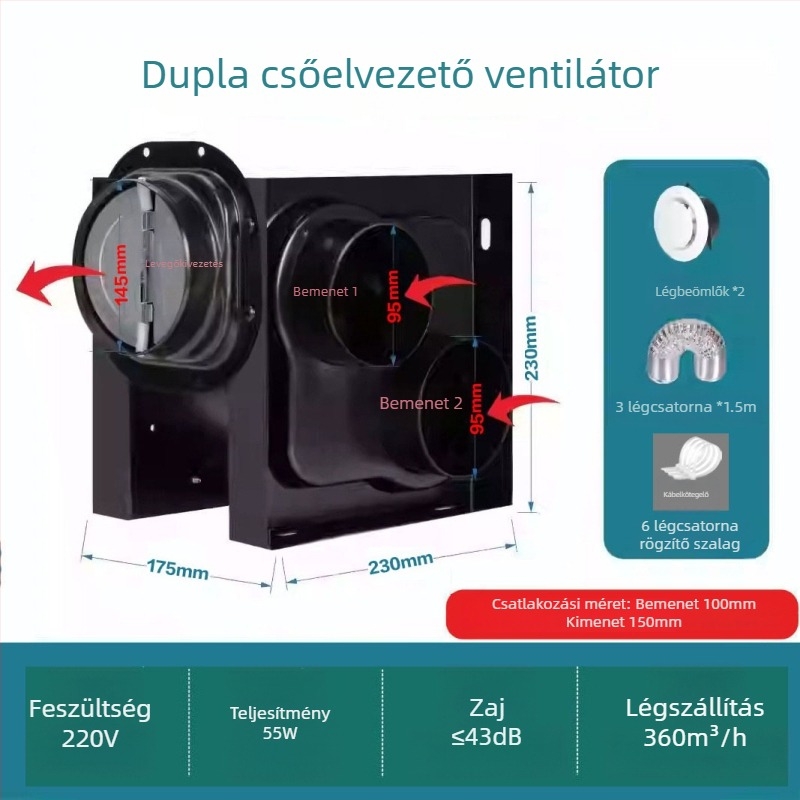 1–2 kiáramló ventilátor, hotel-specifikus, halk fürdőszobai osztott csatornás ventilátor