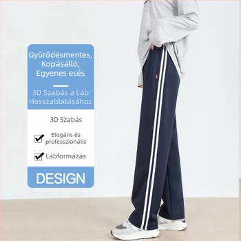 Flízzel bélelt sötétkék iskolai nadrág, egy csíkkal, uniszex, lazán szabott egyenes szárú, általános iskolától középiskoláig