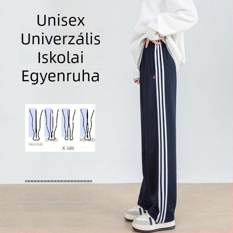 Flízzel bélelt sötétkék iskolai nadrág, egy csíkkal, uniszex, lazán szabott egyenes szárú, általános iskolától középiskoláig