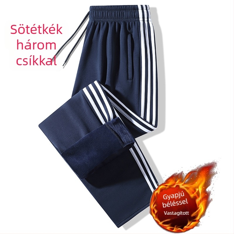 Flízzel bélelt sötétkék iskolai nadrág, egy csíkkal, uniszex, lazán szabott egyenes szárú, általános iskolától középiskoláig