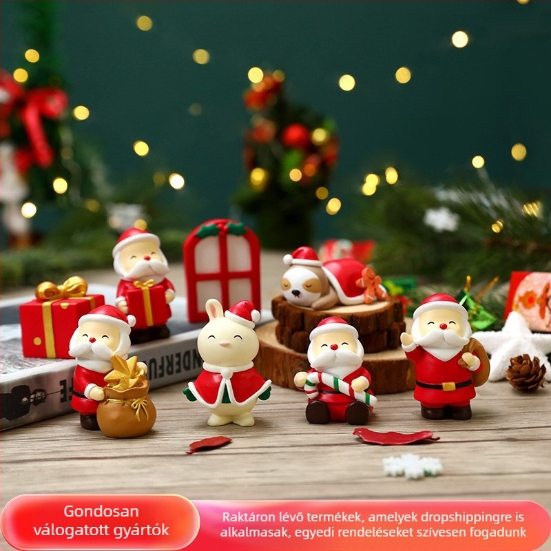 Karácsonyi díszek — aranyos kézzel készített díszek: Mikulás, rénszarvas, karácsonyfa, asztali dekoráció gyantából