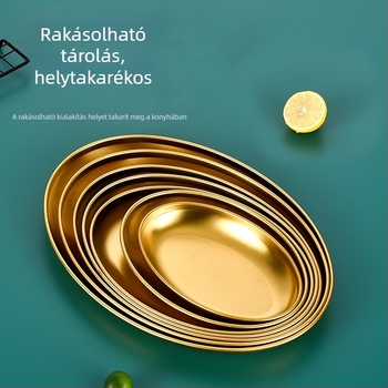 Koreai stílusú vastag rozsdamentes acél kör alakú tál – arany színben, grill- és steakhez éttermi használatra, desszerthez sekély tál