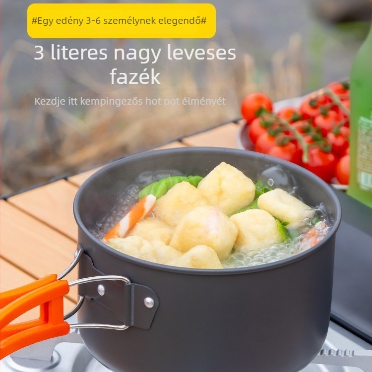 Szabadban használható edénykészlet és kemping kazettás tűzhely – hordozható edénykészlet és vízforraló készlet