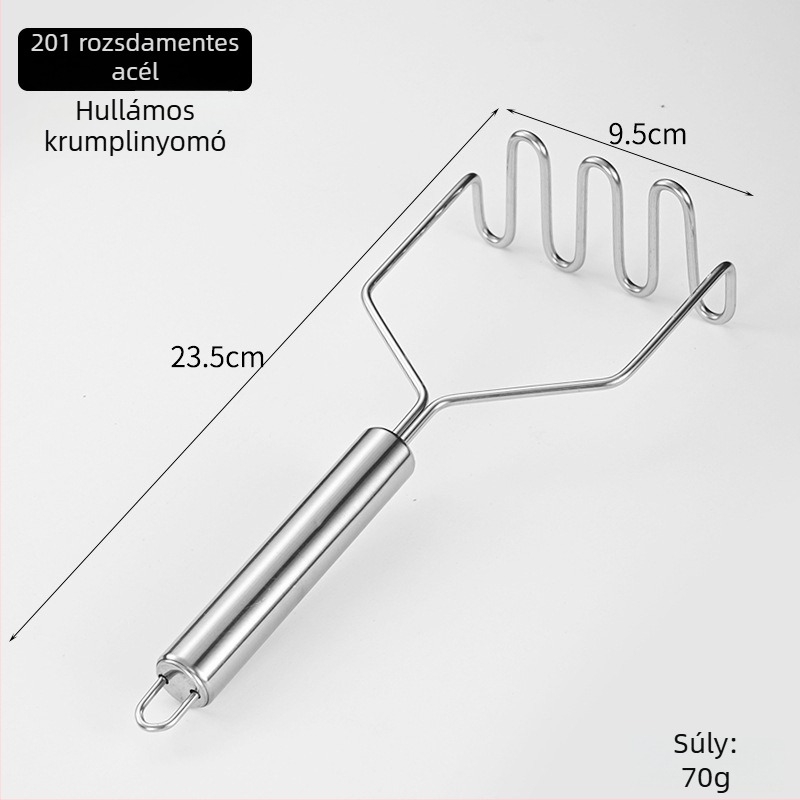 Rozsdamentes acélból készült kézi burgonya-pürésítő hullámos és négyzet alakú lyukakkal – konyhai burgonya prés