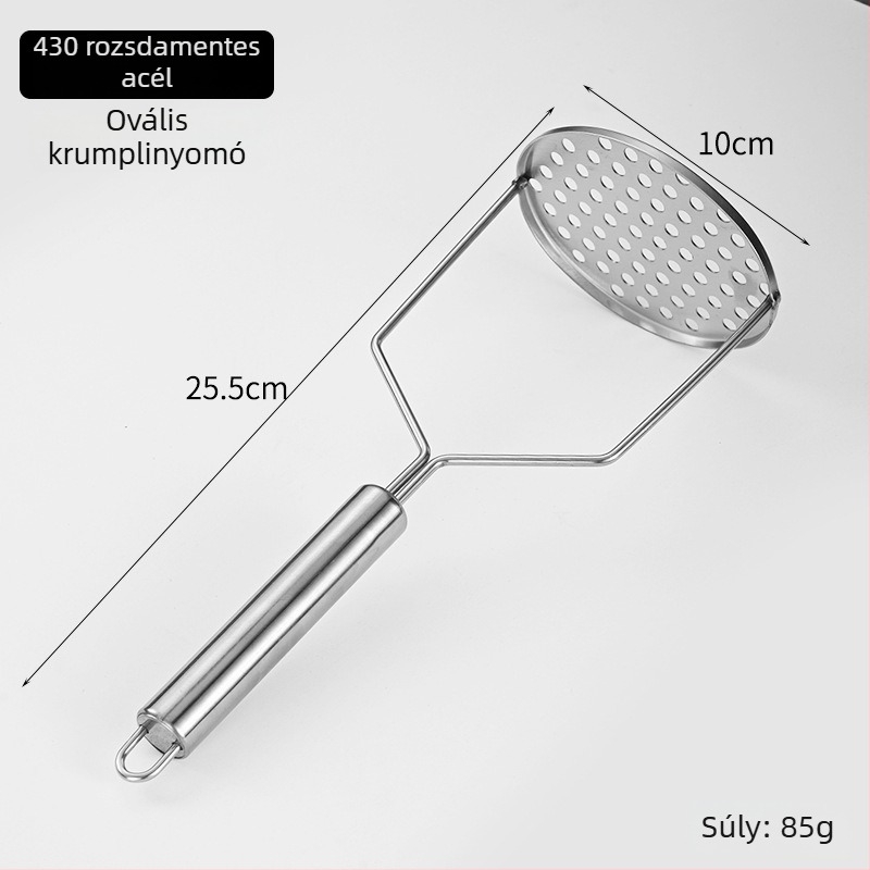Rozsdamentes acélból készült kézi burgonya-pürésítő hullámos és négyzet alakú lyukakkal – konyhai burgonya prés
