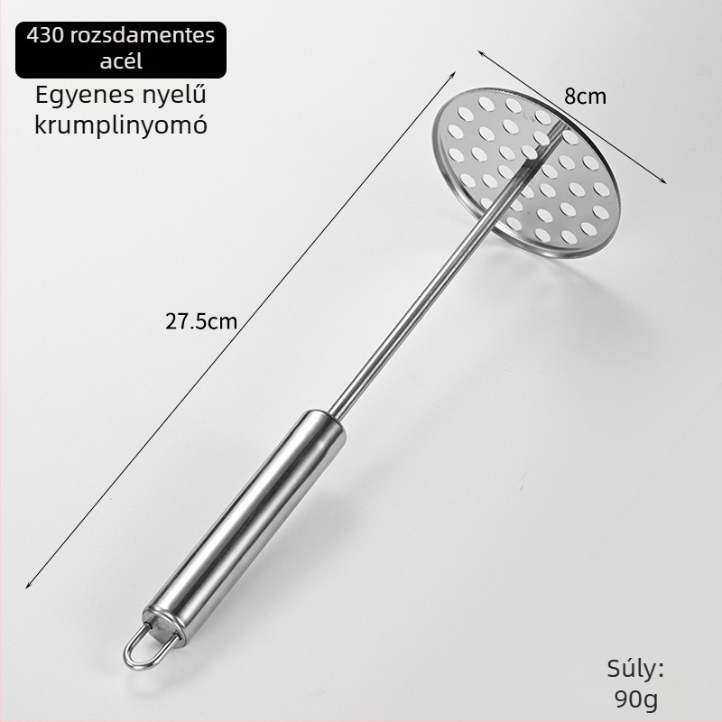 Rozsdamentes acélból készült kézi burgonya-pürésítő hullámos és négyzet alakú lyukakkal – konyhai burgonya prés