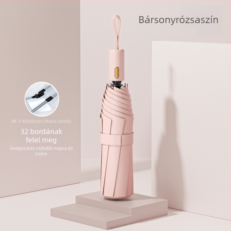 Diák esernyő, teljesen automata, összecsukható, macaron-stílusú, megerősített szélállóság, napos és esős használatra, UV védelem
