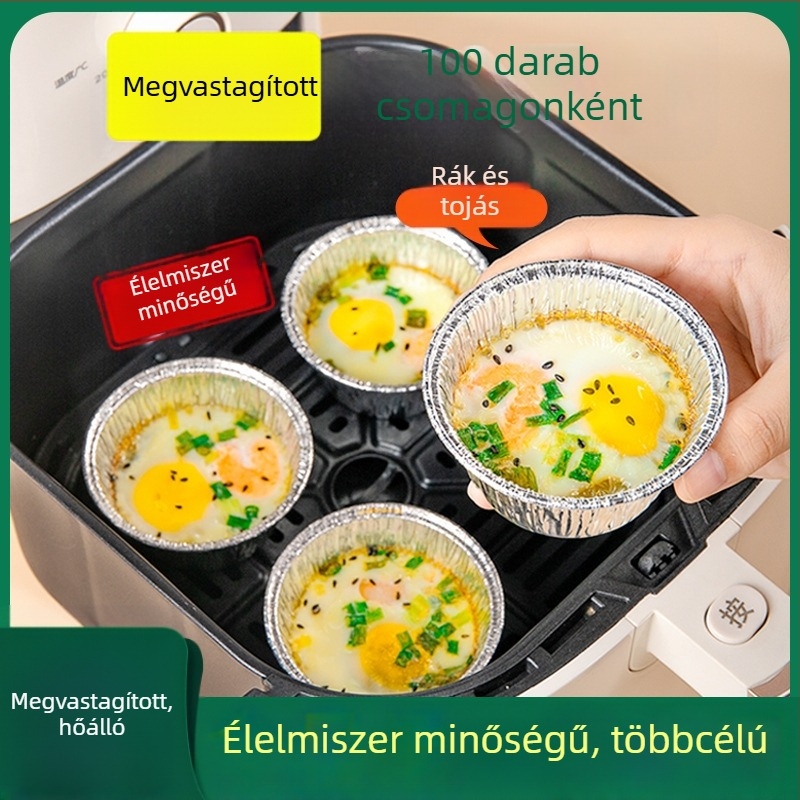 Légsütőhöz tervezett egyszer használatos alumínium poharak, tojásos torta tepsi, alumíniumfóliás dobozok, zsírszívó papír