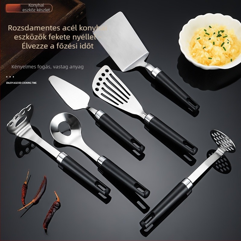 304 rozsdamentes acél konyhai eszközök készlet: sütő spatula, torta- és pizza spatula, burgonya törő, húsgolyó kanál.