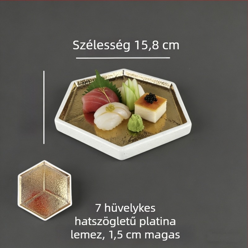 Japán stílusú kerámia lapos tál arany- és ezüst díszítéssel, kreatív sushi tál, grill tál és marhanyelv tál