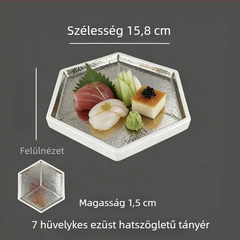 Japán stílusú kerámia lapos tál arany- és ezüst díszítéssel, kreatív sushi tál, grill tál és marhanyelv tál