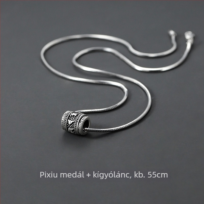 Pi Xiu ezüst nyaklánc, uniszex – forgatható retro medál kígyócsontláncon, hat karakteres mantra