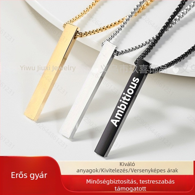 Rozsdamentes acél férfi nyaklánc, téglalap alakú medállal, gravírozható, fakulásmentes, 51–60 cm hosszú