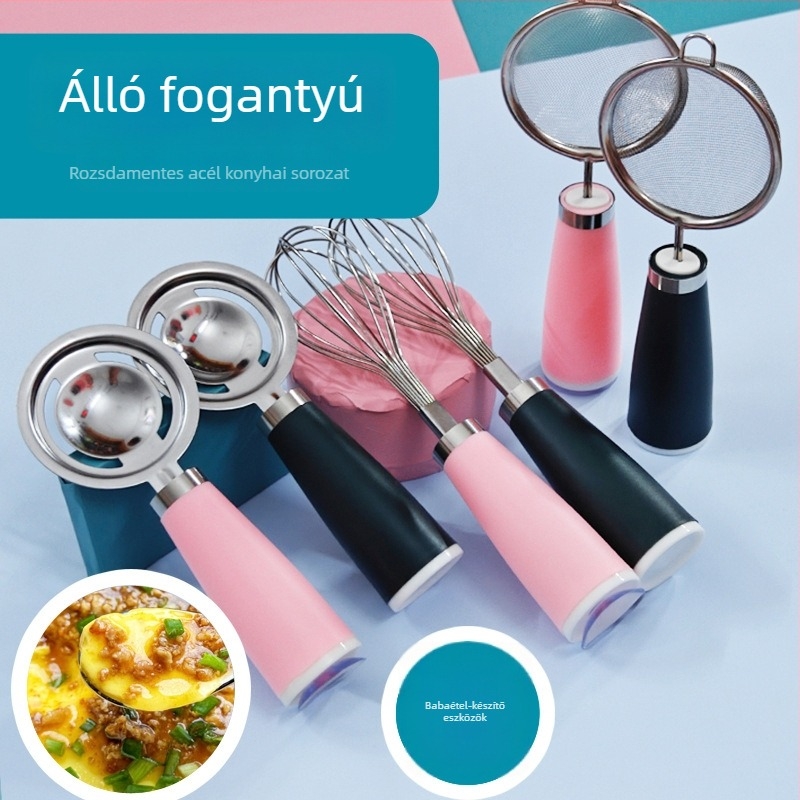 Rozsdamentes acélból készült bébiétel-készlet: kézi tojáshabverő, szűrő és tojásfehérje szeparátor