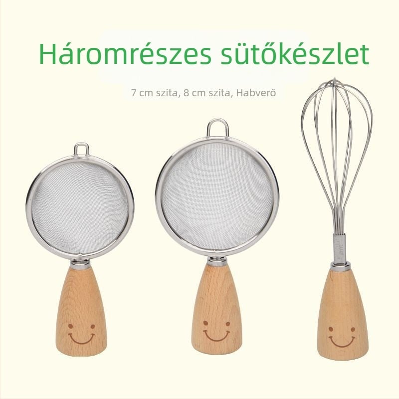 Rozsdamentes acél sütőeszközök készlet: tojáshabosító, torta spatulája, pizza kerék, liszt szita és keverőkanál