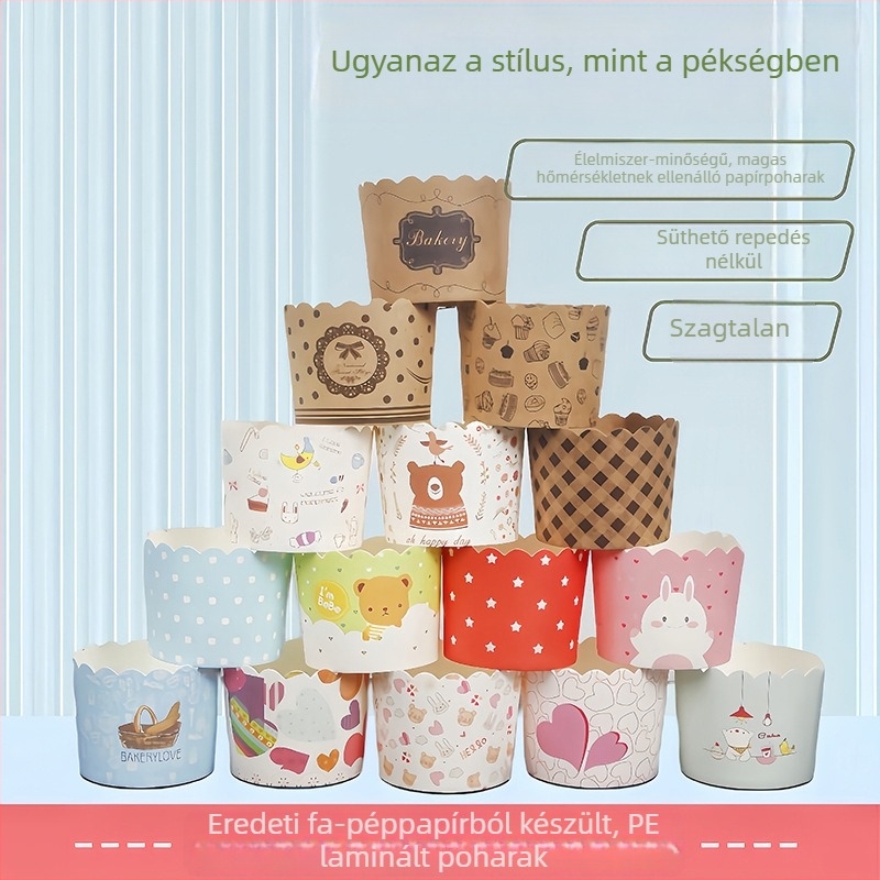 PE bevonatú papírmuffin-formák, magas hőmérsékletnek ellenállóak, sütéshez és gőzöléshez