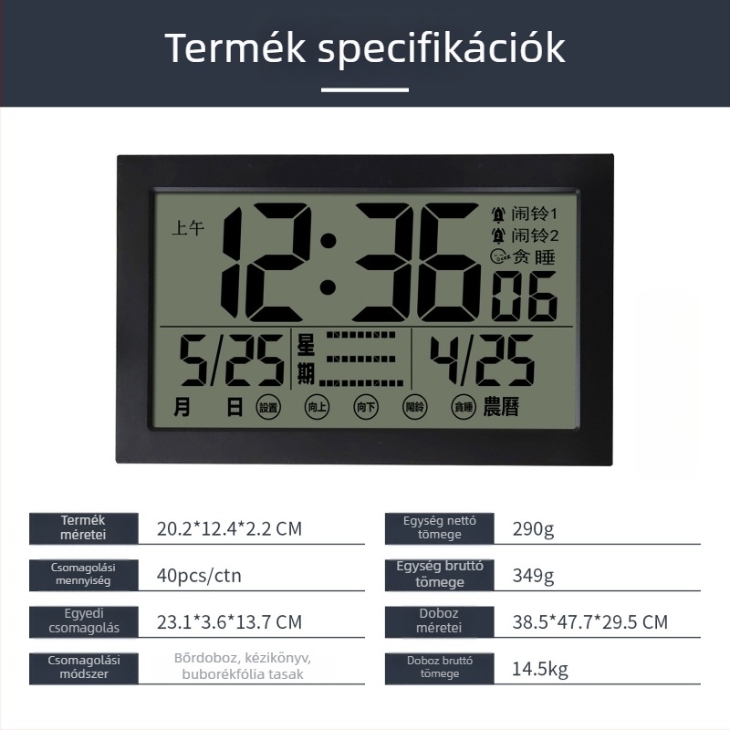 Digitális falióra fényes kijelzővel, kettős ébresztés, hőmérséklet- és páratartalom-mérés, nappali vagy hálószoba, minimalista stílus