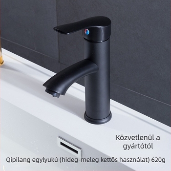Fekete bevonatú mosdócsaptelep egy furattal, meleg- és hideg víz keverő, fürdőszobába, kerámiás szelep, rozsdamentes acél