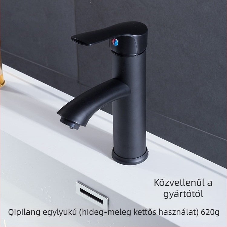 Fekete bevonatú mosdócsaptelep egy furattal, meleg- és hideg víz keverő, fürdőszobába, kerámiás szelep, rozsdamentes acél