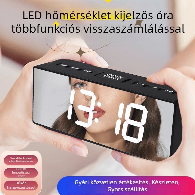 Többcélú elektronikus ébresztőóra nagy tükrös kijelzővel, csendes működés és visszaszámláló időzítő – digitális asztali óra diákok számára.
