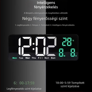 Négyzet alakú LED digitális ébresztő óra falra vagy asztalra – Snooze funkcióval, fényérzékelő, hőmérséklet, dátum és a hét napja – modern minimalista dizájn