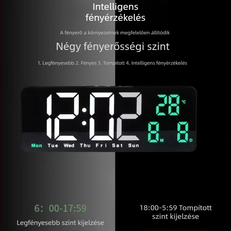 Négyzet alakú LED digitális ébresztő óra falra vagy asztalra – Snooze funkcióval, fényérzékelő, hőmérséklet, dátum és a hét napja – modern minimalista dizájn