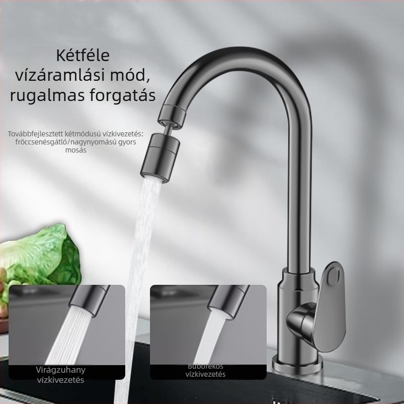 Rozsdamentes acélból készült konyhai csaptelep forró és hideg vízhez, forgatható, permetezés elleni védelemmel, kétfunkciós