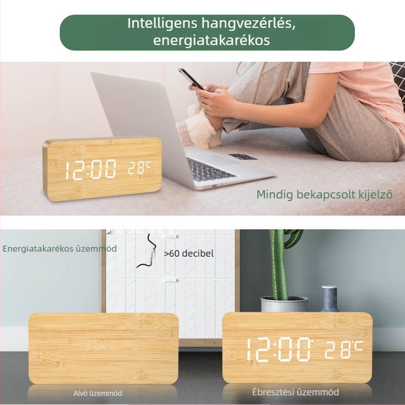 Fából készült LED-es ébresztőóra digitális kijelzővel, asztali multifunkciós hangvezérléssel és USB-vel, diákok számára