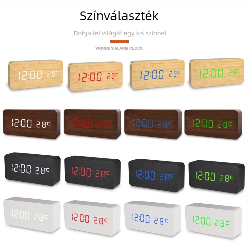 Fából készült LED-es ébresztőóra digitális kijelzővel, asztali multifunkciós hangvezérléssel és USB-vel, diákok számára
