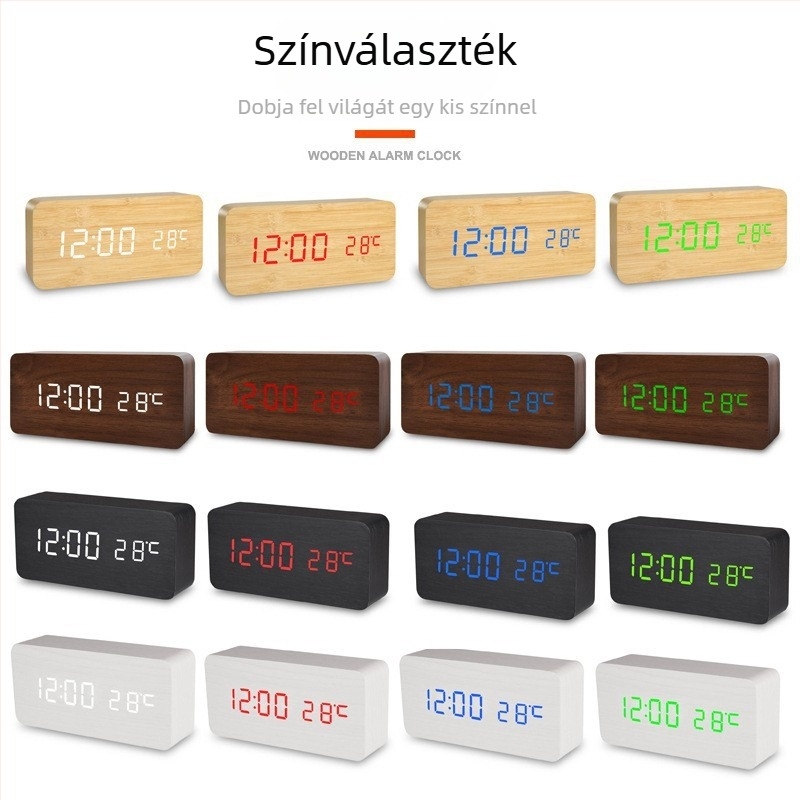 Fából készült LED-es ébresztőóra digitális kijelzővel, asztali multifunkciós hangvezérléssel és USB-vel, diákok számára