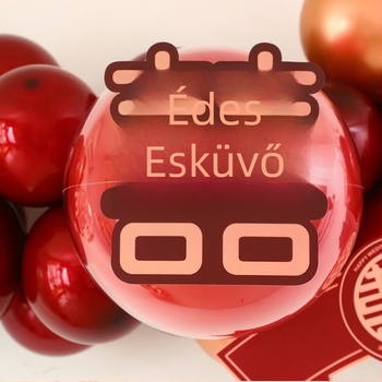 Esküvői szobadísz készlet: KT-tábla matricák a „Kettős boldogság“ szimbólummal, balonokból álló láncos ív dekoráció és a „Családunk boldog“ kártya