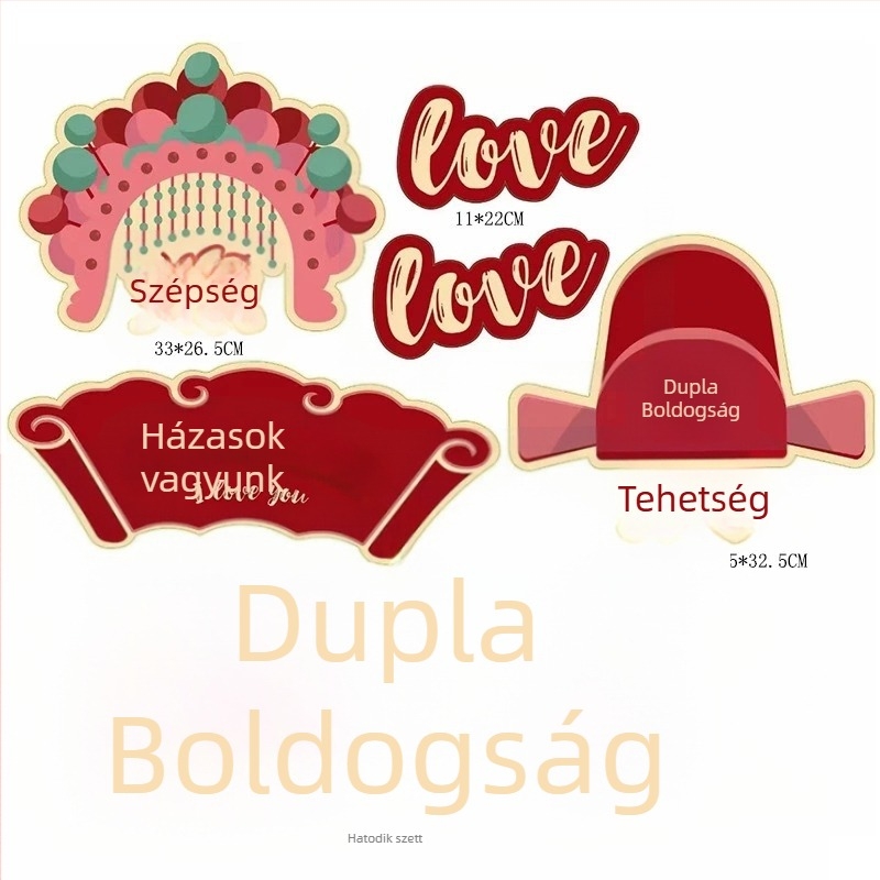 Esküvői szobadísz készlet: KT-tábla matricák a „Kettős boldogság“ szimbólummal, balonokból álló láncos ív dekoráció és a „Családunk boldog“ kártya