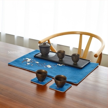 Zen tea ceremóniára szolgáló matrac pamut-len anyagból, szilvavirág hímzés, japán stílusú asztalfutó