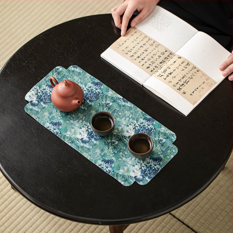 Zen ihletésű nedvszívó és vízálló teaasztal-matrac és poháralátét, 42×21 cm, textil kiegészítők a teáskészlethez