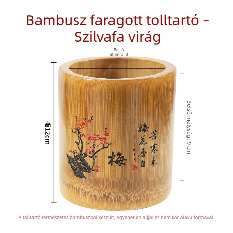 Bambusz kör alakú tolltartó faragott szilva-virág, orchidea és krizantéma motívumokkal — multifunkcionális asztali rendező
