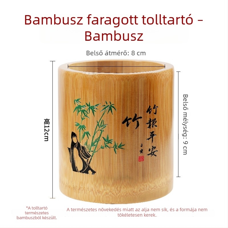 Bambusz kör alakú tolltartó faragott szilva-virág, orchidea és krizantéma motívumokkal — multifunkcionális asztali rendező