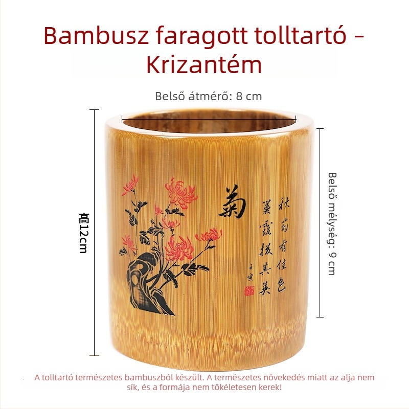 Bambusz kör alakú tolltartó faragott szilva-virág, orchidea és krizantéma motívumokkal — multifunkcionális asztali rendező