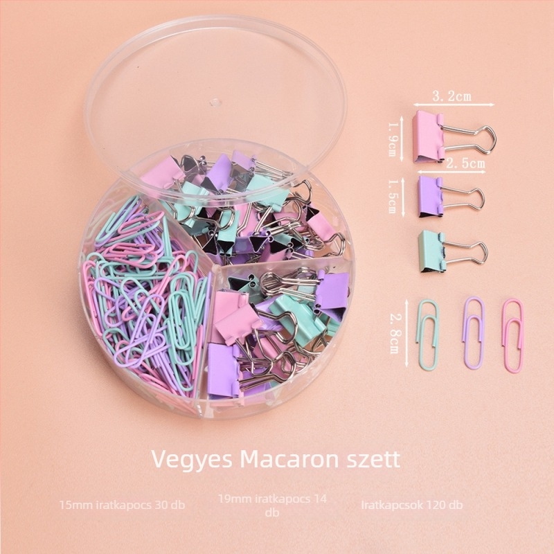 Színes Macaron sorozat kötőklipszek – nagy és kicsi vegyes készlet, fém irodai dokumentumklipszek