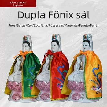 Guanyin és Bodhisattva hímzett kendő, motívumok: kettős sárkány, fénix és lótusz