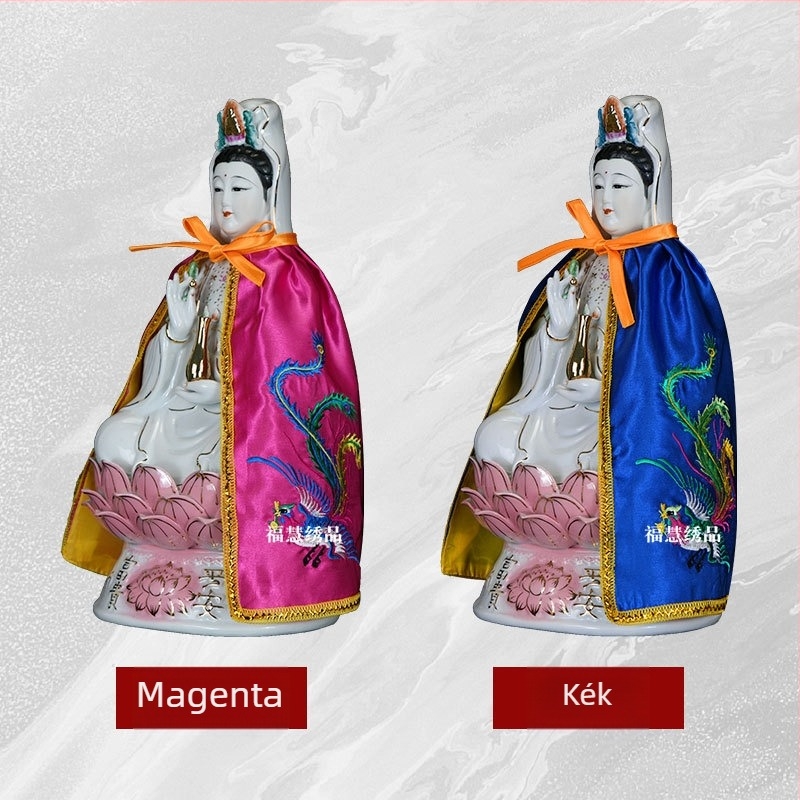 Guanyin és Bodhisattva hímzett kendő, motívumok: kettős sárkány, fénix és lótusz